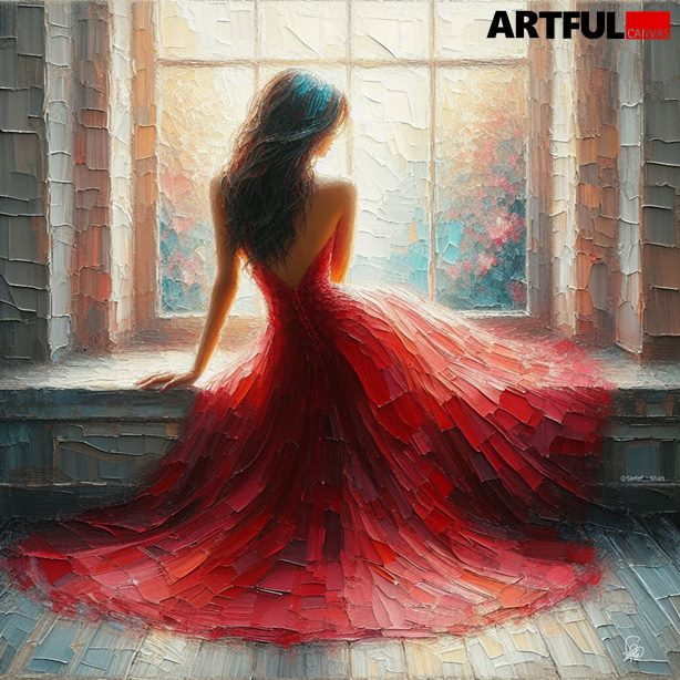 Lady in Red - Impressionist Window Portrait Art Print