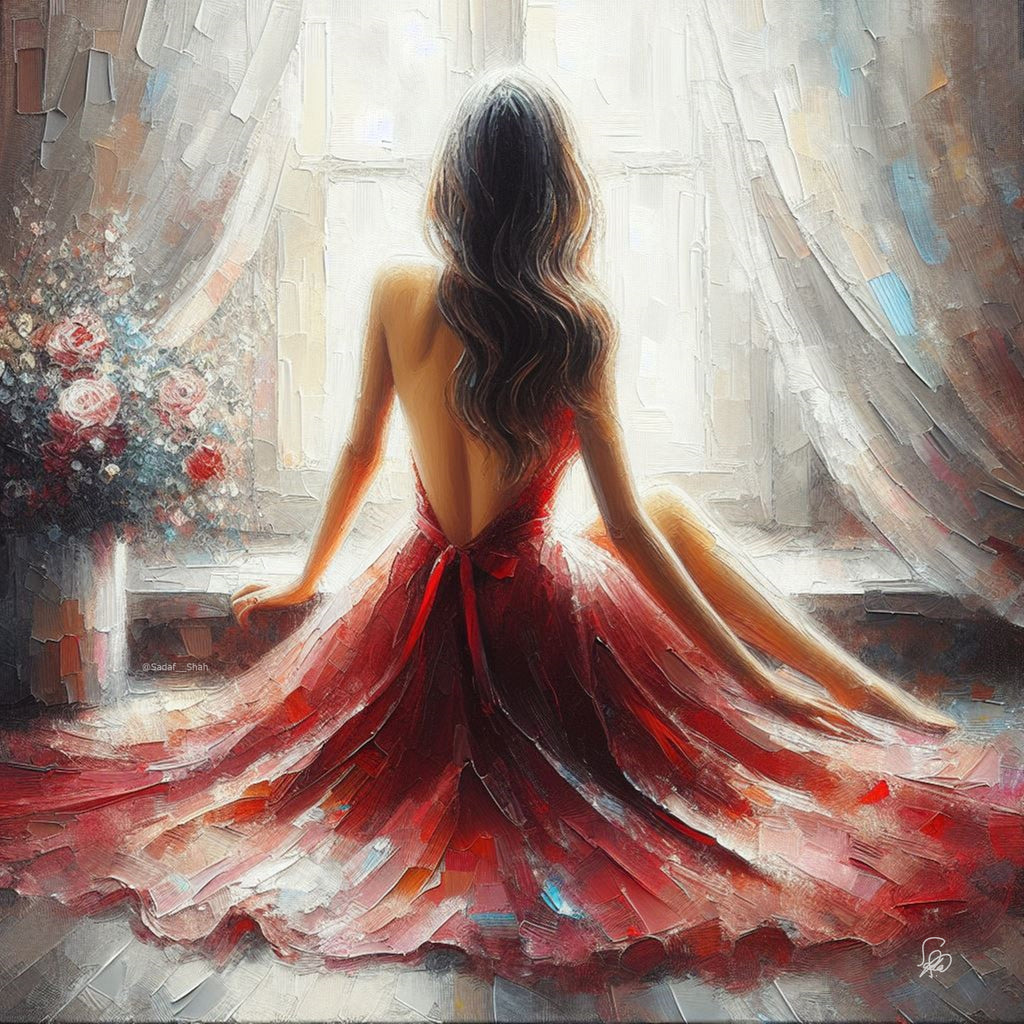 Crimson Reverie - Woman in Red Dress Art Print