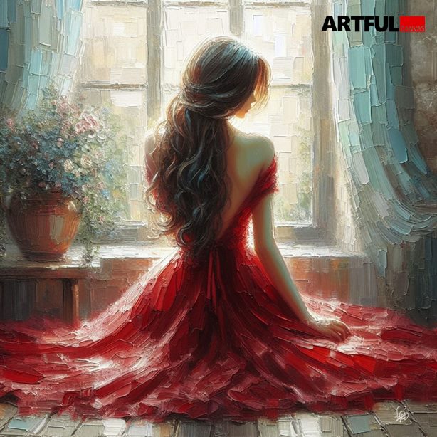 Crimson Reverie - Woman by Window Art Print