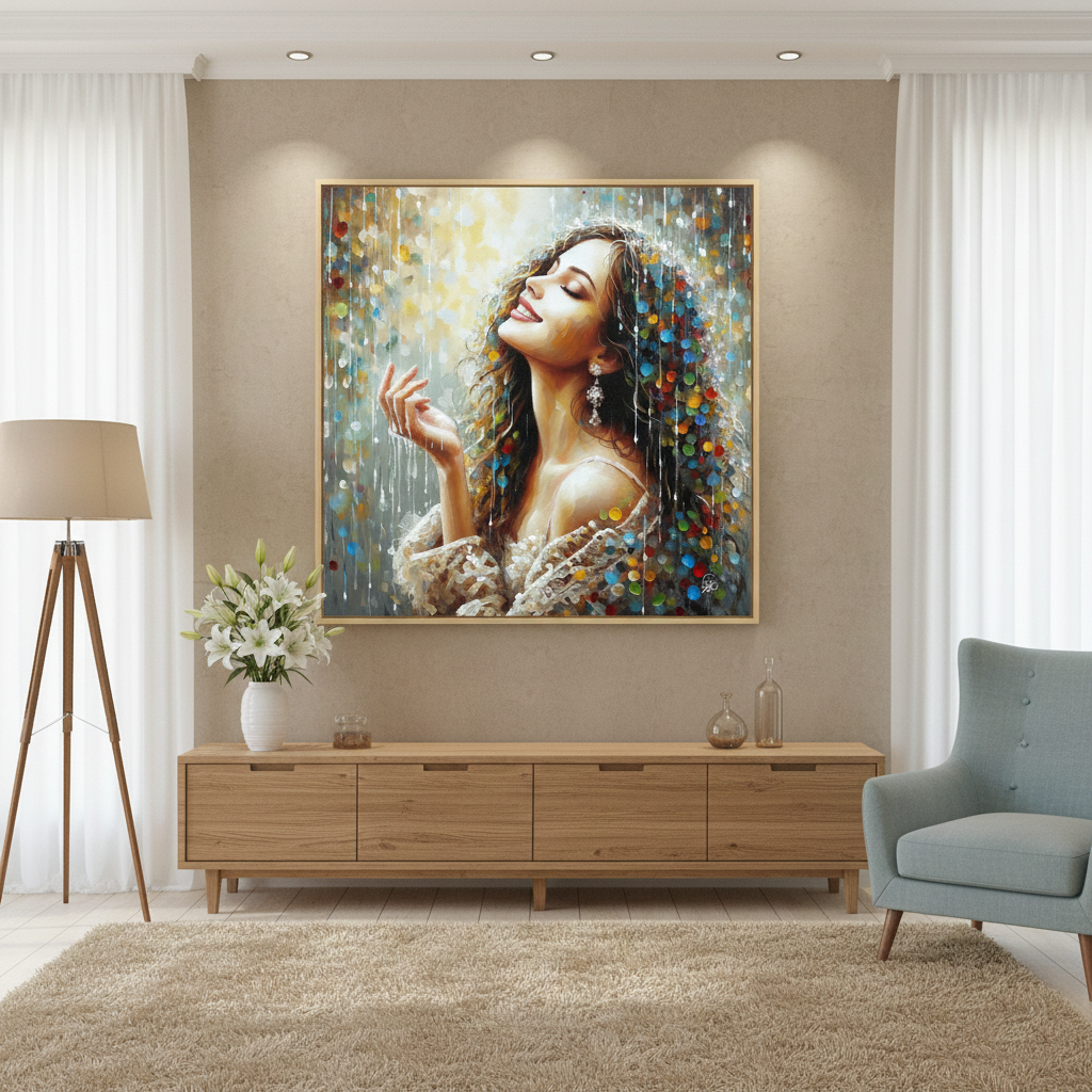 Joyful Moments - Woman in Colorful Rain Fine Art Print