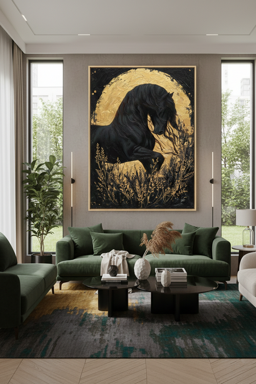 Black Horse Golden Moon Art Print - Majestic Stallion with Botanical Gold Leaf