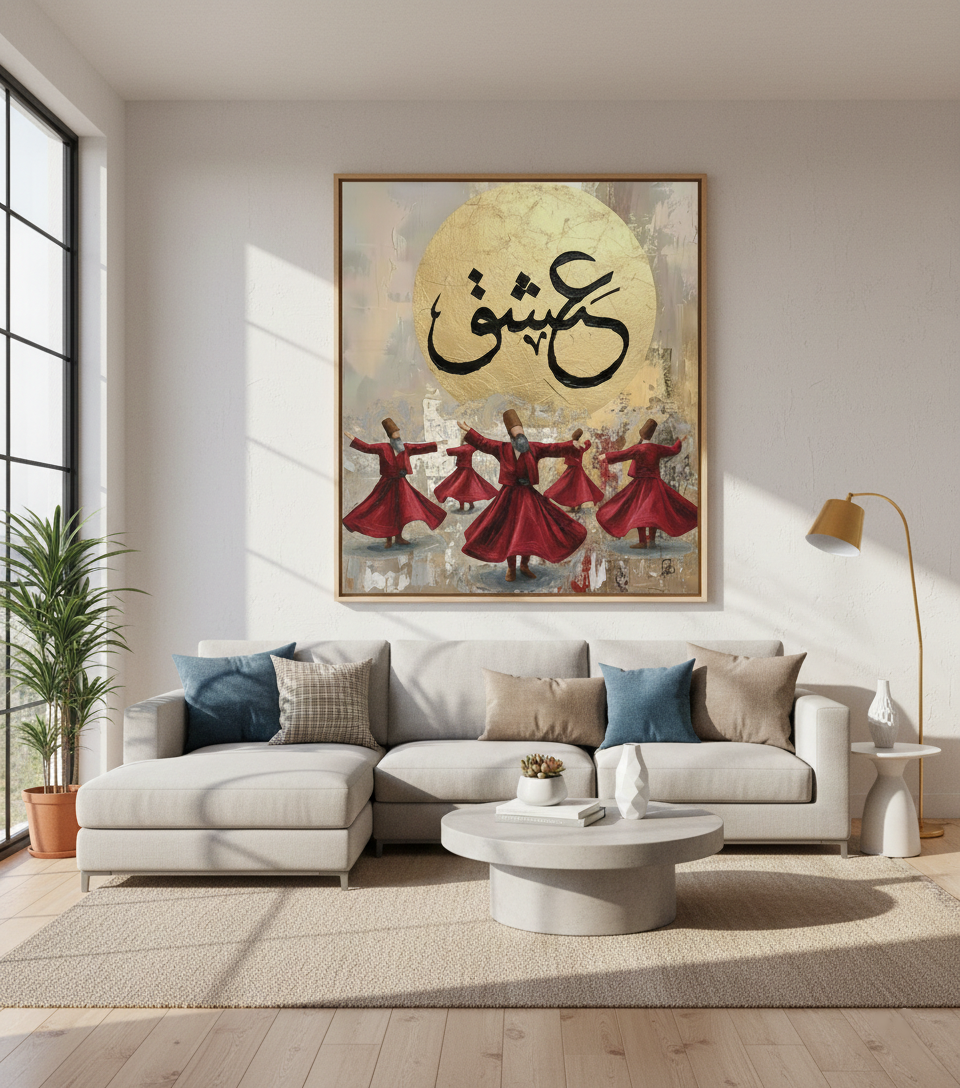 Sufi Whirling Dervishes Art Print - Ishq Calligraphy with Golden Moon