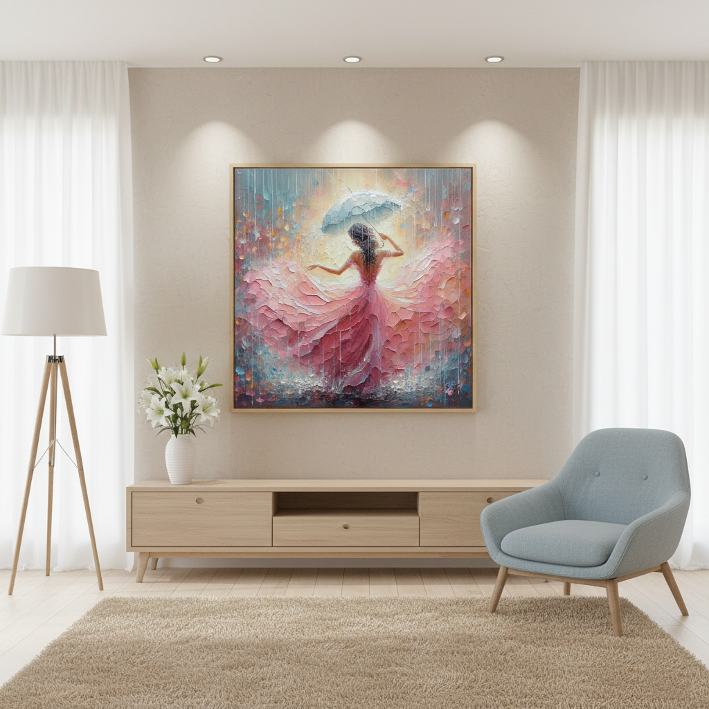 Rainfall Reverie - Woman in Pink Dress with Umbrella Fine Art Print