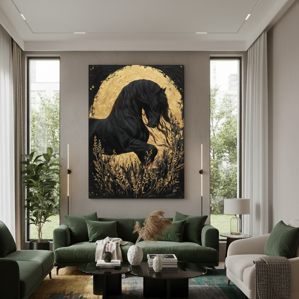 Black Horse Golden Moon Art Print - Majestic Stallion with Botanical Gold Leaf