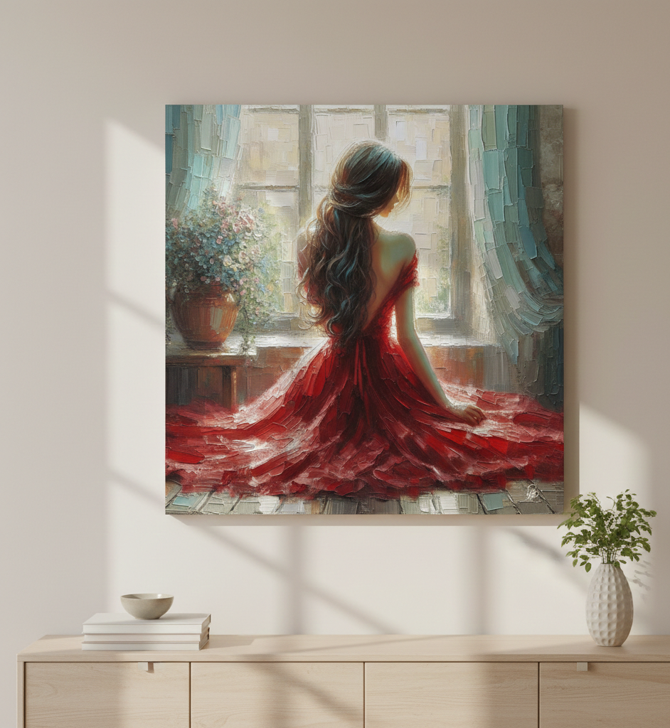 Crimson Reverie - Woman by Window Art Print