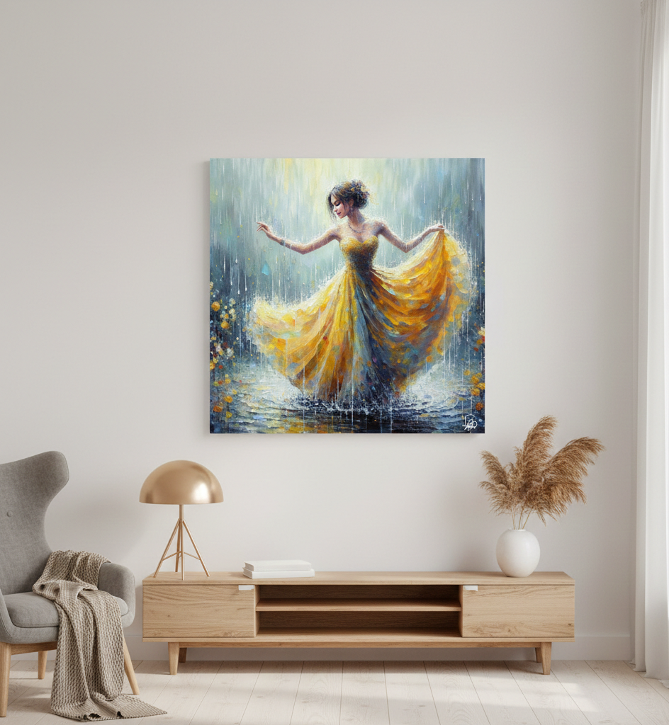 Dancing in the Rain - Yellow Dress Art Print