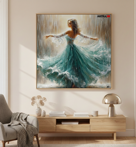 Dancing in the Rain - Elegant Woman in Flowing Turquoise Gown Art Print
