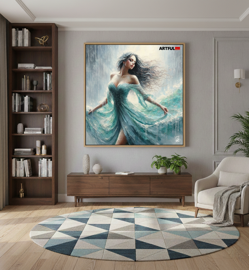 Ethereal Rain - Woman in Flowing Turquoise Gown Art Print