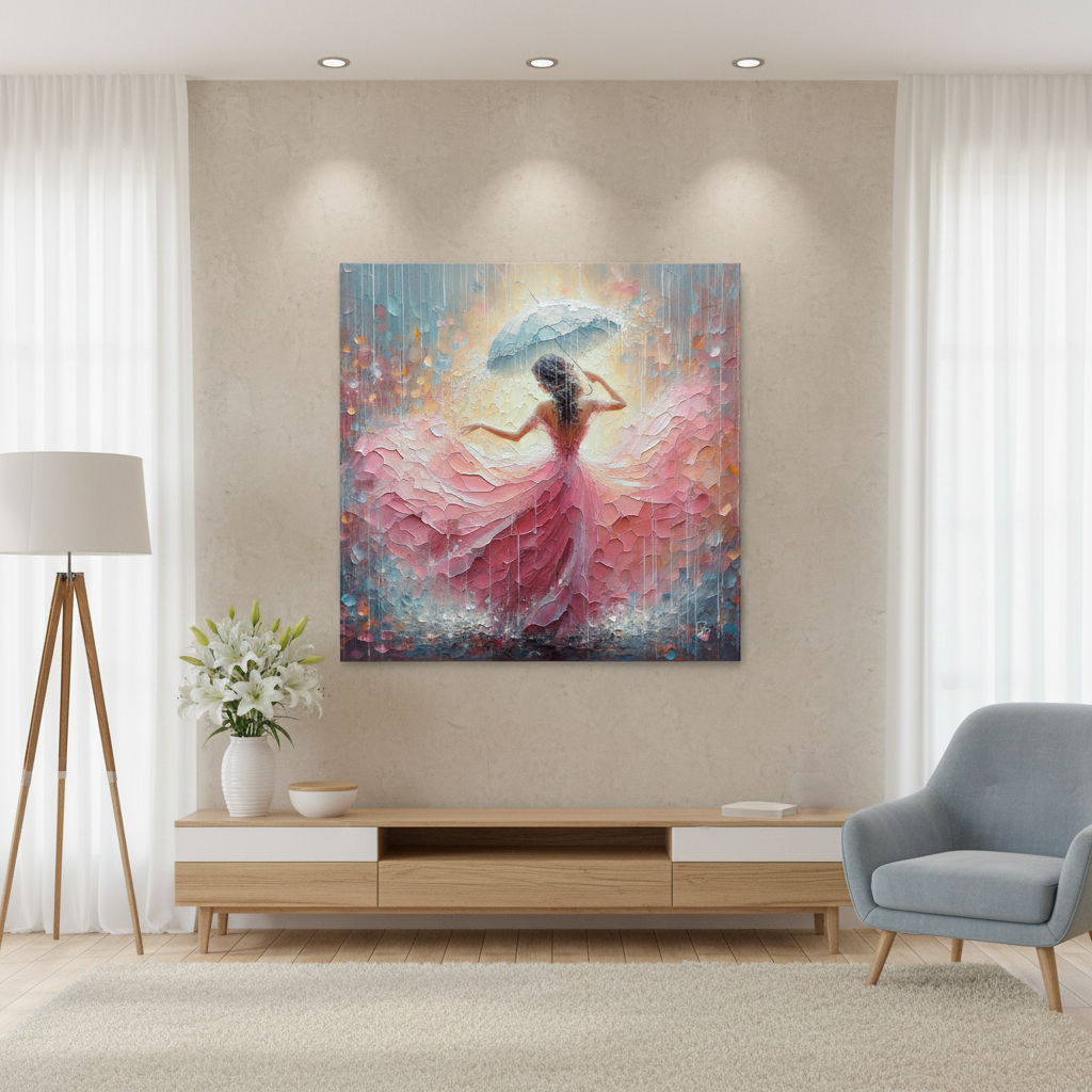 Rainfall Reverie - Woman in Pink Dress with Umbrella Fine Art Print