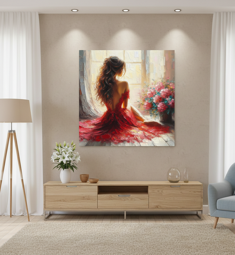 Crimson Dreams - Woman in Red Gown by Window Fine Art Print