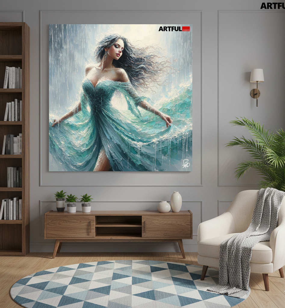 Ethereal Rain - Woman in Flowing Turquoise Gown Art Print