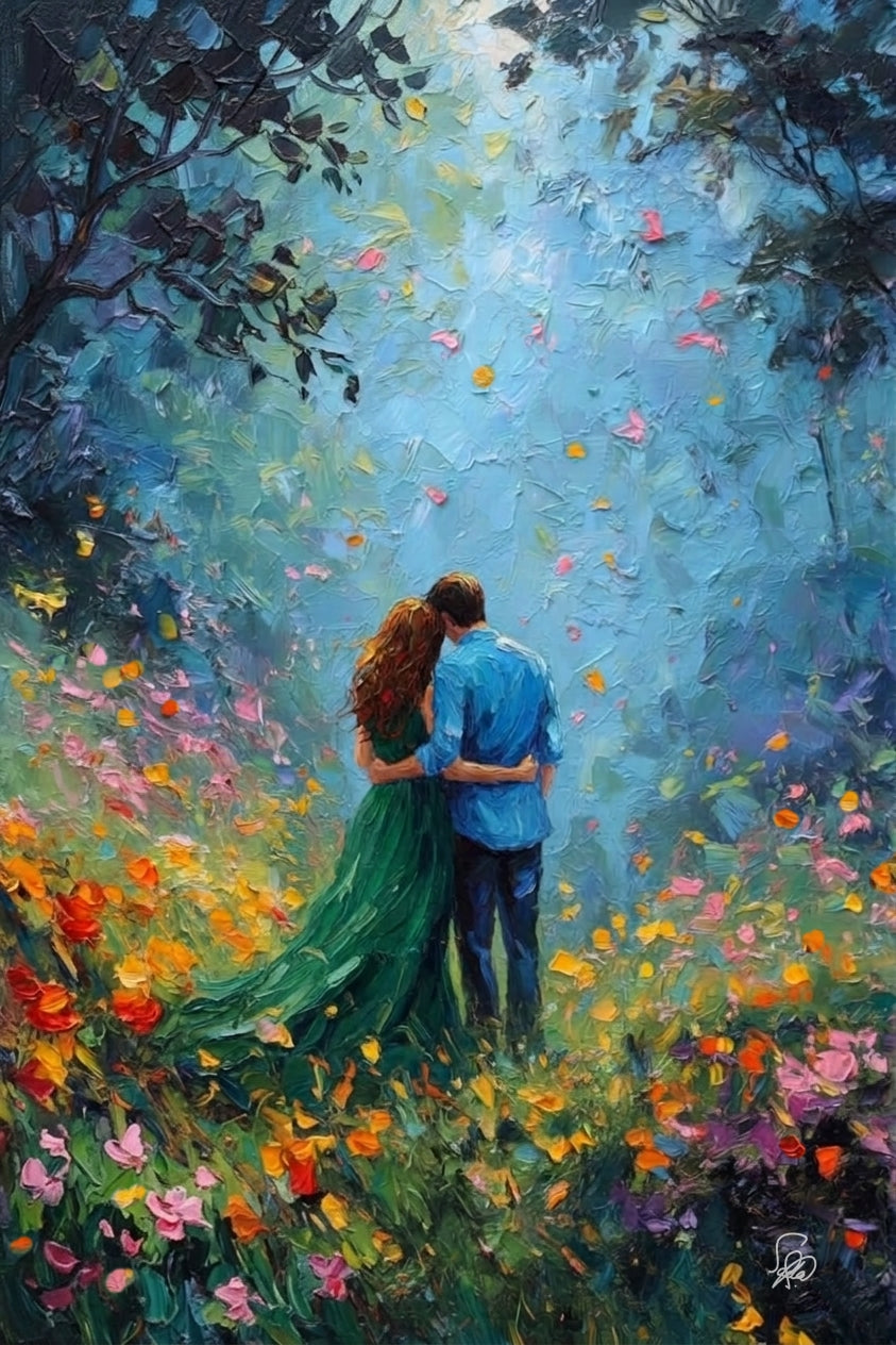 Blooming Together – Romantic Garden Oil Painting Print On Canvas