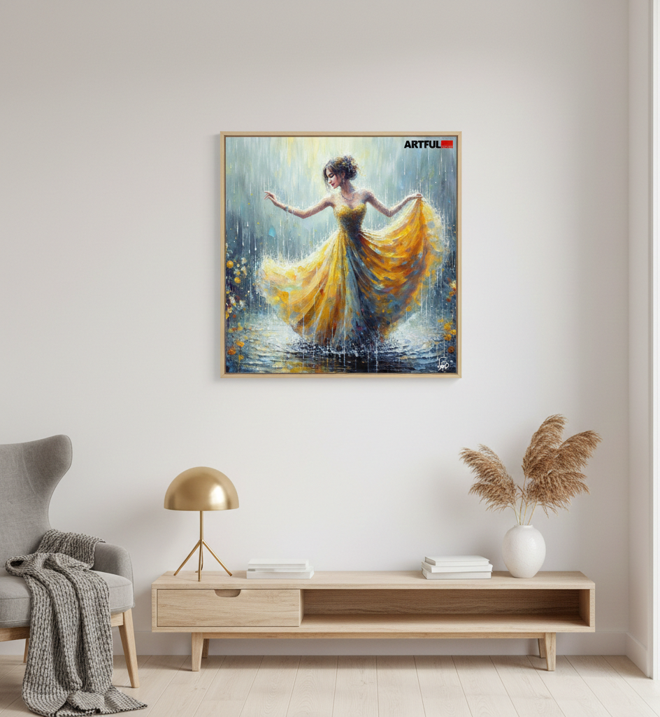 Dancing in the Rain - Yellow Dress Art Print