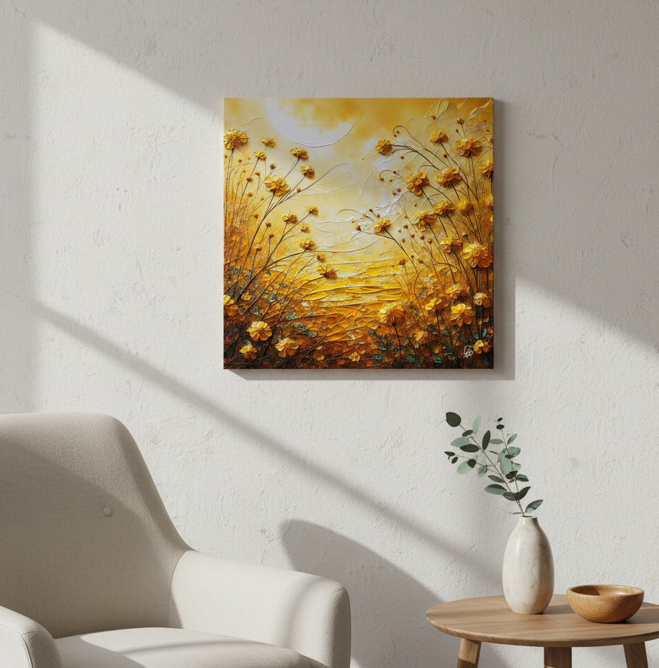 Golden Meadow Dreams - Textured Floral Art Print