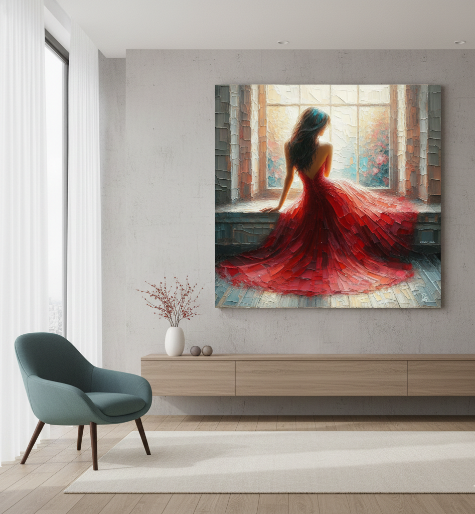 Lady in Red - Impressionist Window Portrait Art Print