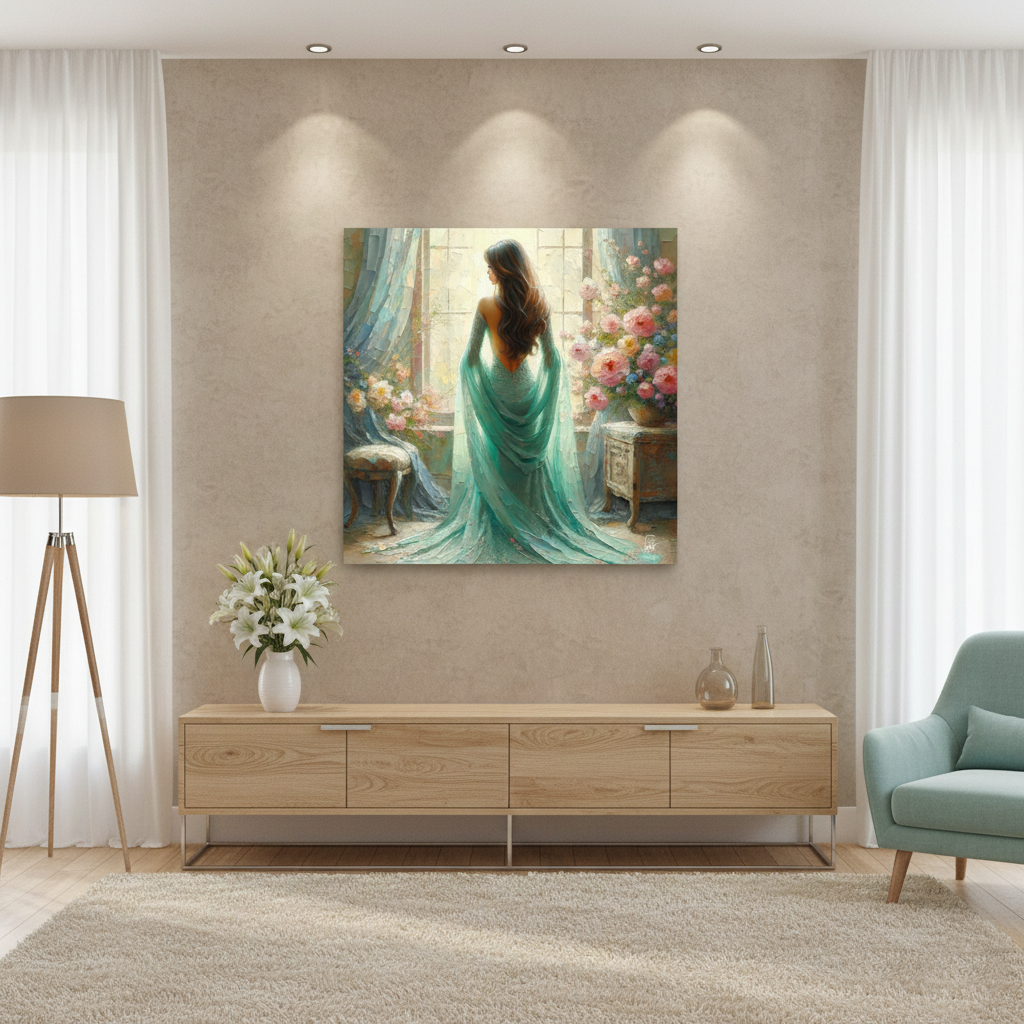 Morning Light - Woman in Flowing Turquoise Silk Fine Art Print