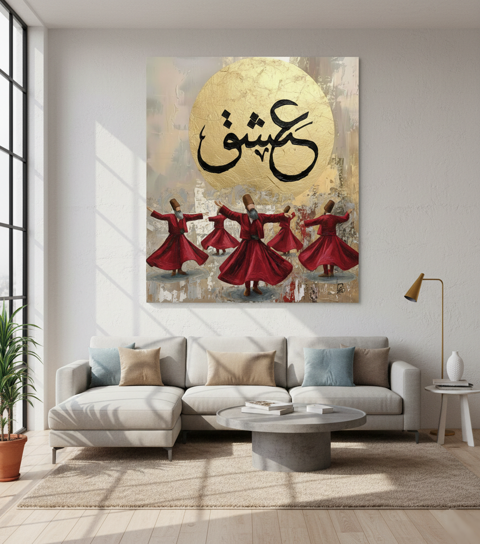 Sufi Whirling Dervishes Art Print - Ishq Calligraphy with Golden Moon