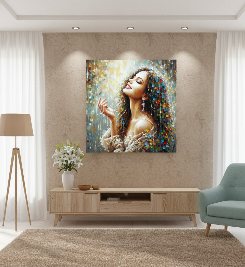 Joyful Moments - Woman in Colorful Rain Fine Art Print