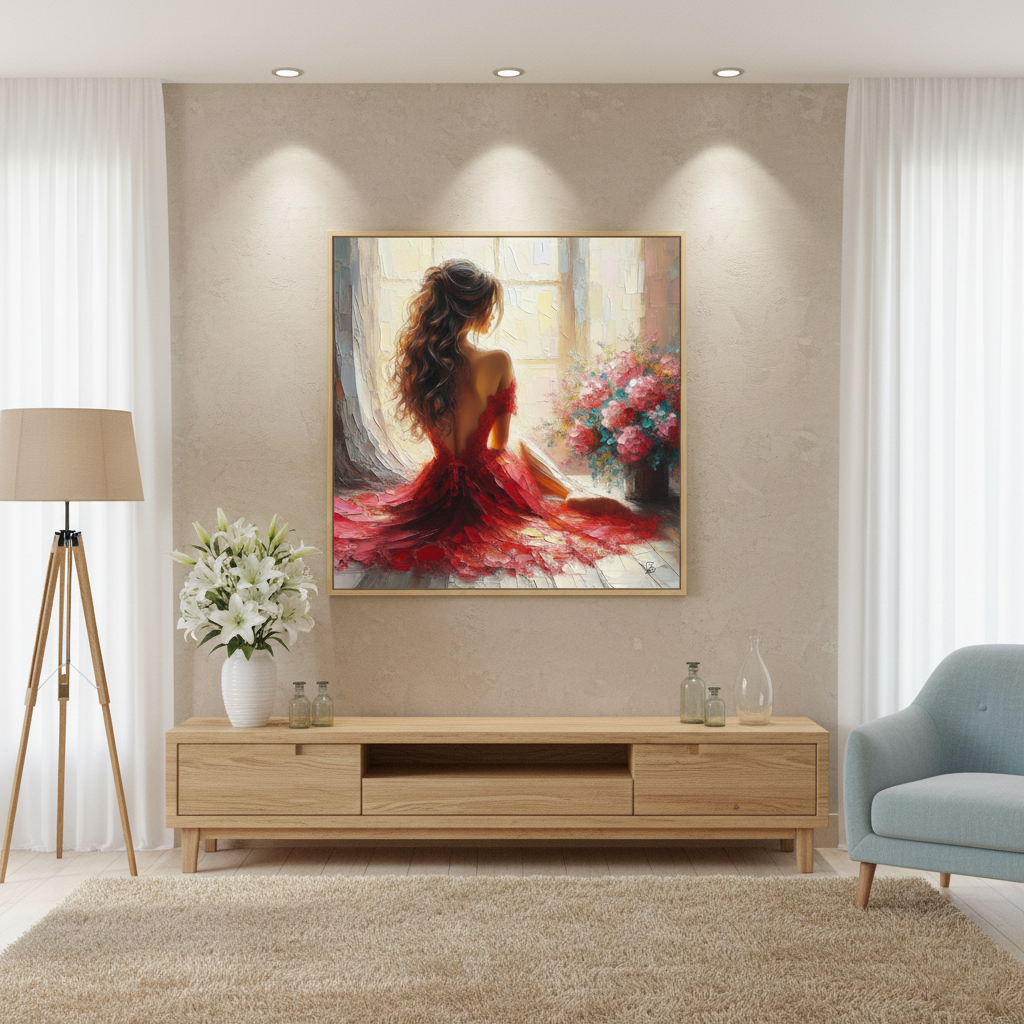 Crimson Dreams - Woman in Red Gown by Window Fine Art Print