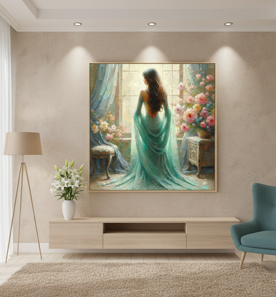 Morning Light - Woman in Flowing Turquoise Silk Fine Art Print