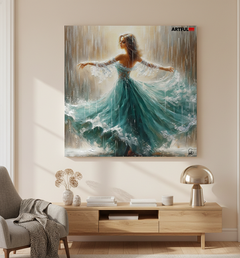Dancing in the Rain - Elegant Woman in Flowing Turquoise Gown Art Print