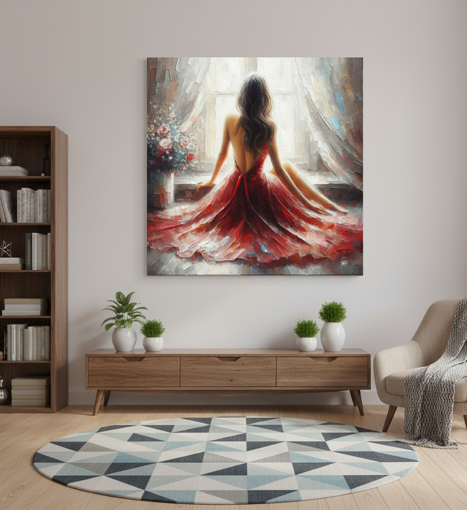 Crimson Reverie - Woman in Red Dress Art Print