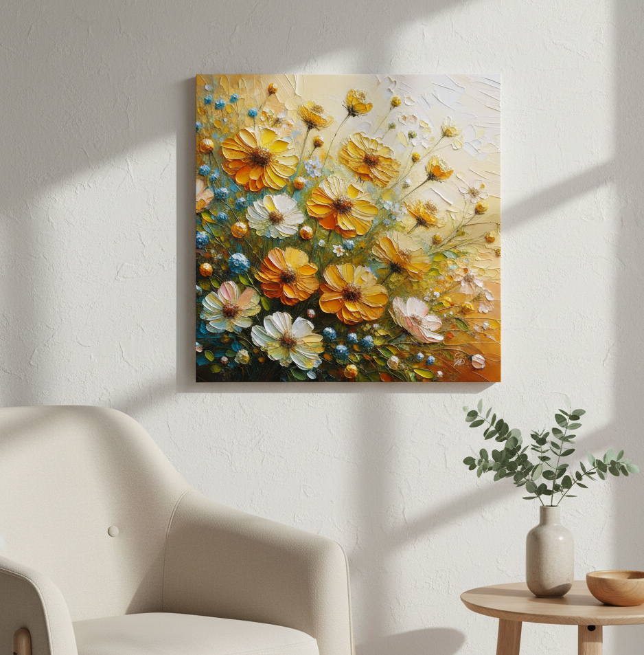 Golden Cosmos Garden - Textured Floral Art Print