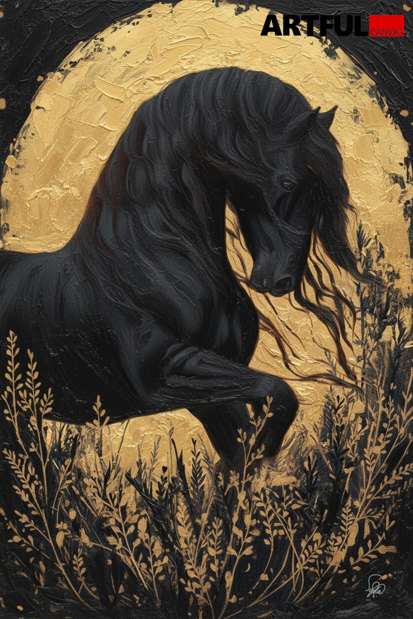 Black Horse Golden Moon Art Print - Majestic Stallion with Botanical Gold Leaf