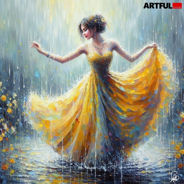 Dancing in the Rain - Yellow Dress Art Print