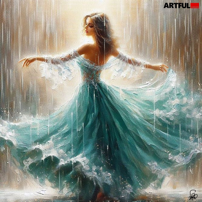 Dancing in the Rain - Elegant Woman in Flowing Turquoise Gown Art Print