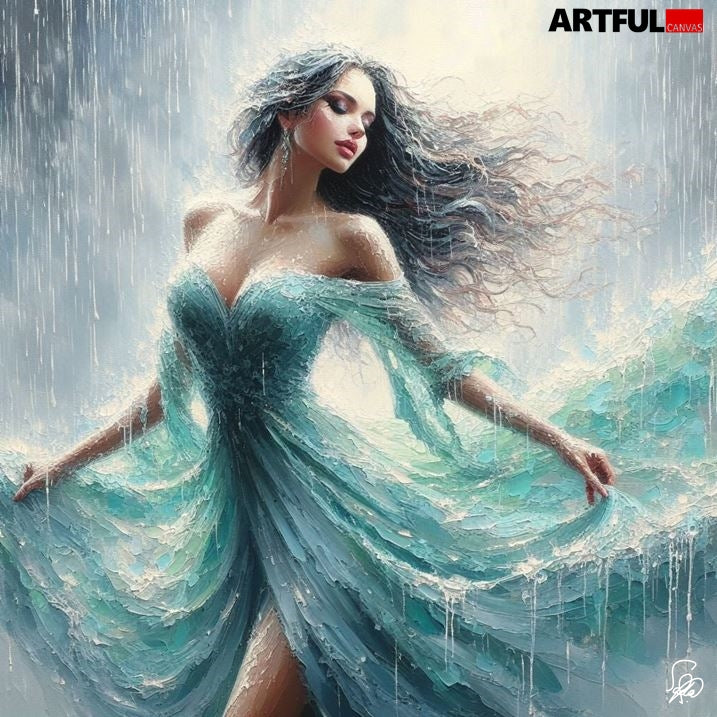 Ethereal Rain - Woman in Flowing Turquoise Gown Art Print
