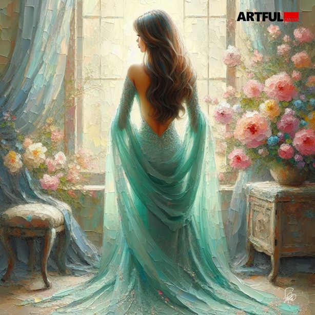Morning Light - Woman in Flowing Turquoise Silk Fine Art Print