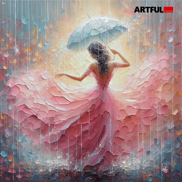 Rainfall Reverie - Woman in Pink Dress with Umbrella Fine Art Print
