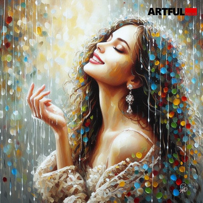 Joyful Moments - Woman in Colorful Rain Fine Art Print
