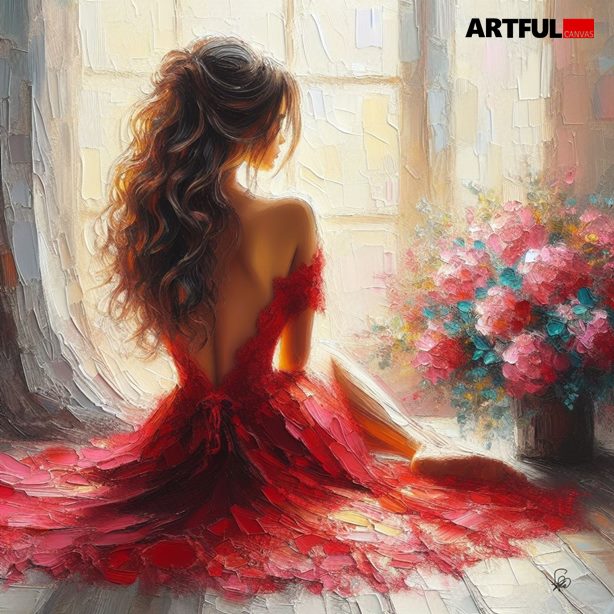 Crimson Dreams - Woman in Red Gown by Window Fine Art Print